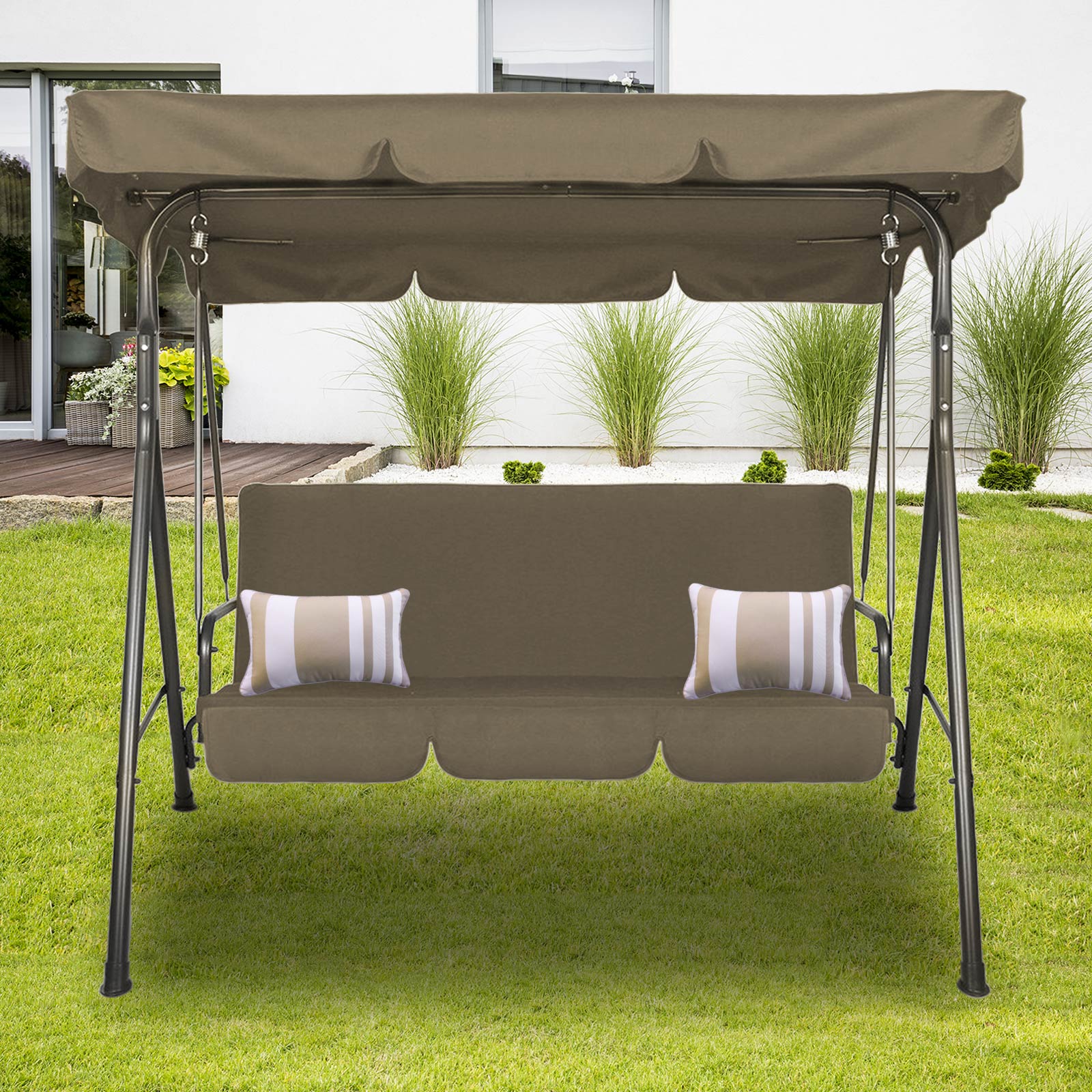 Milano Outdoor Swing Bench Seat Chair Canopy Furniture 3 Seater Garden Hammock - Coffee - image2