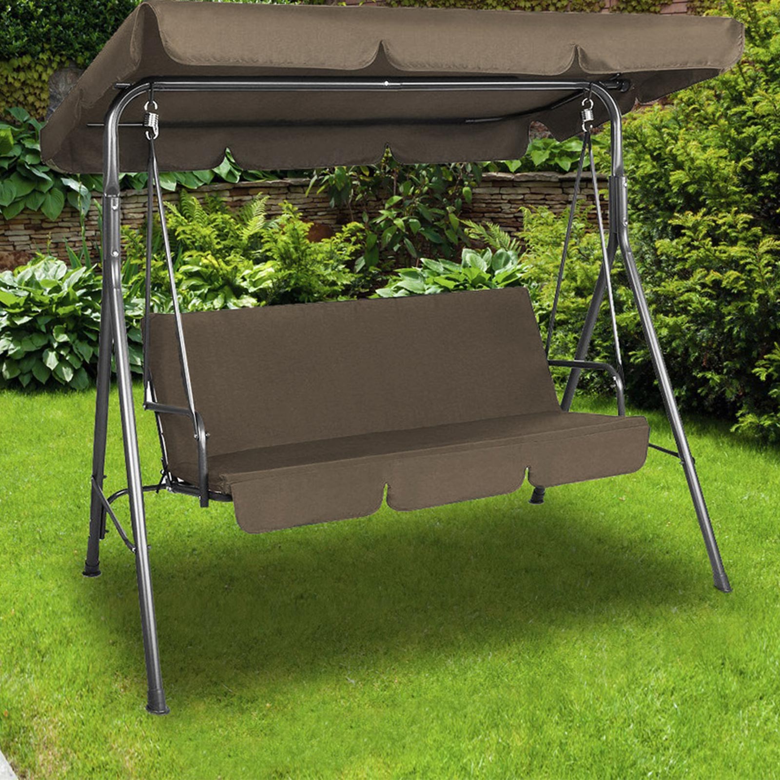 Milano Outdoor Swing Bench Seat Chair Canopy Furniture 3 Seater Garden Hammock - Coffee - image3