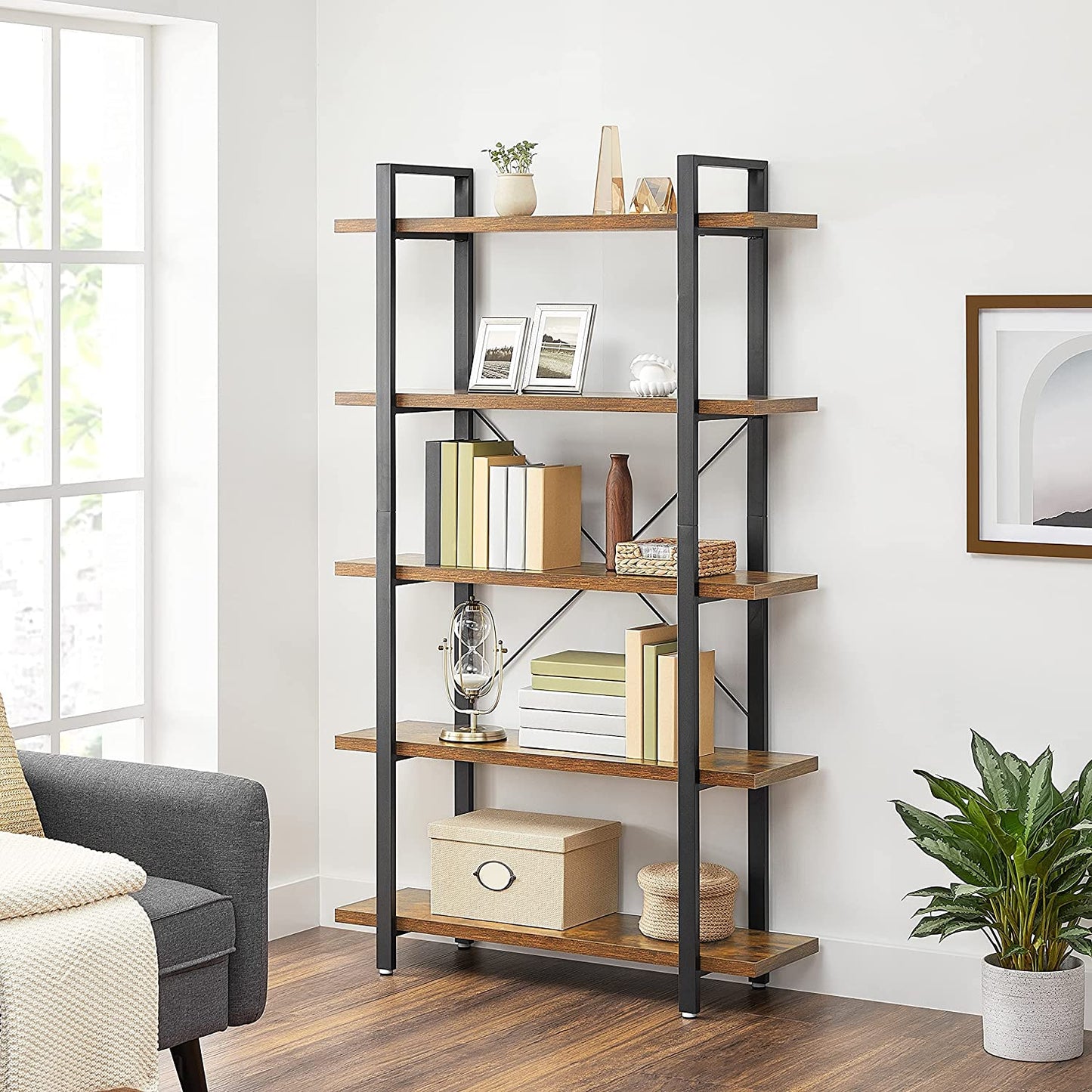 Bookshelf 5-Tier Industrial Stable Bookcase Rustic Brown and Black - image2