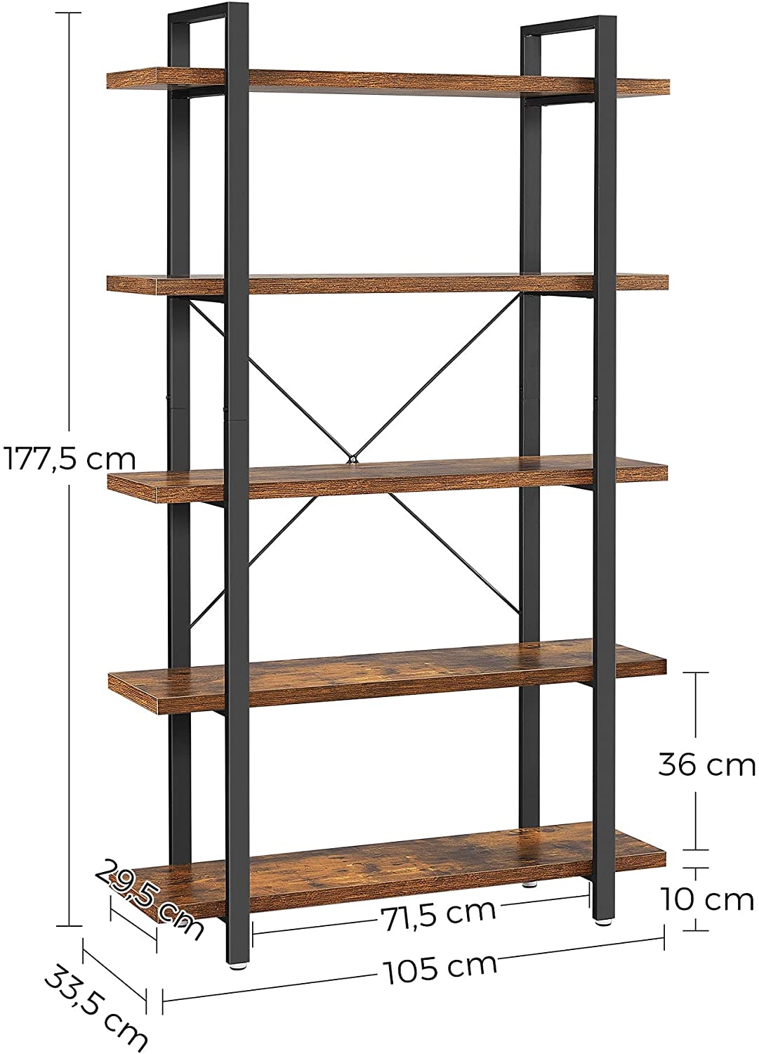 Bookshelf 5-Tier Industrial Stable Bookcase Rustic Brown and Black - image3