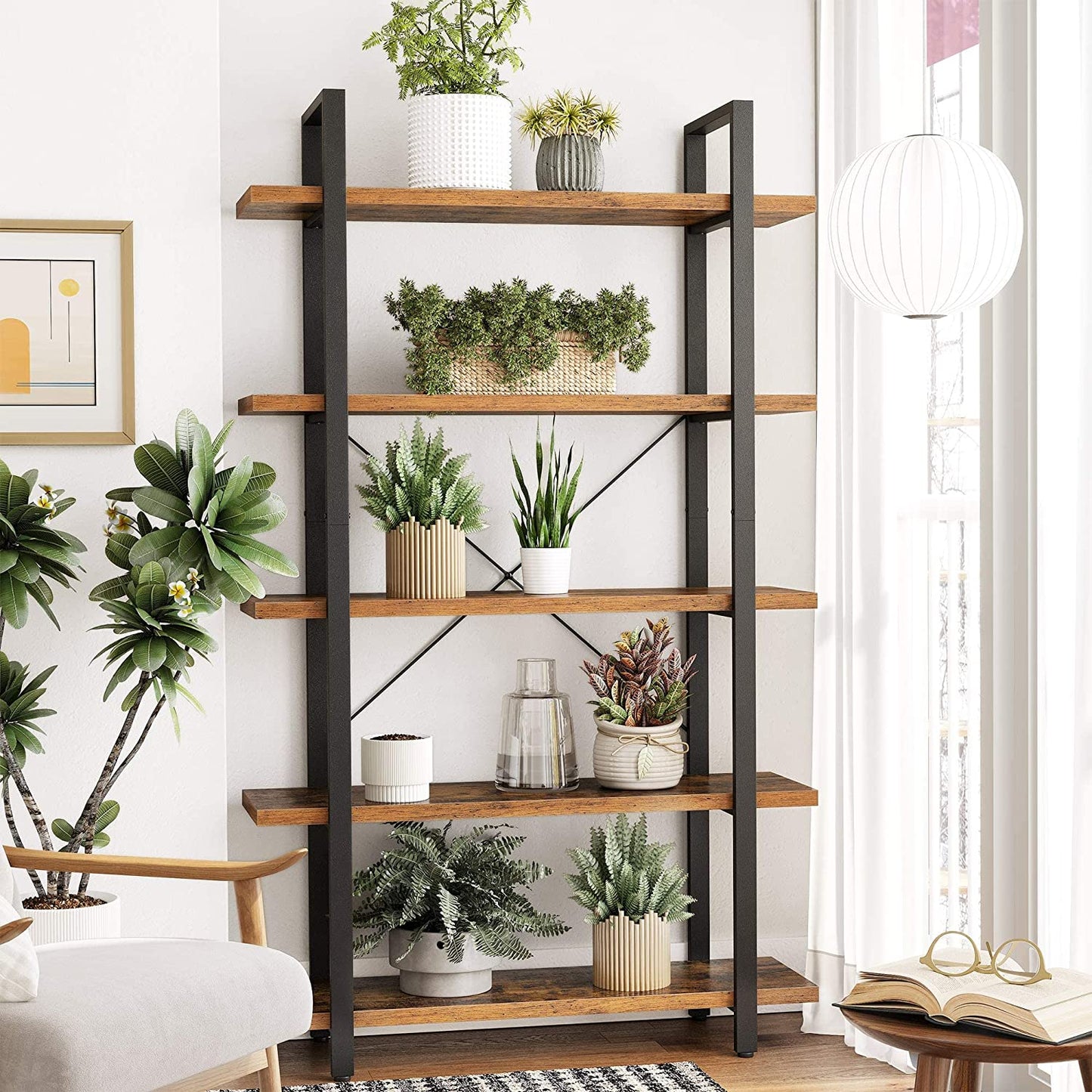 Bookshelf 5-Tier Industrial Stable Bookcase Rustic Brown and Black - image4