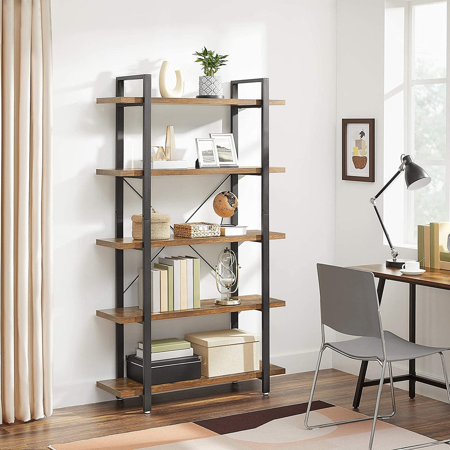 Bookshelf 5-Tier Industrial Stable Bookcase Rustic Brown and Black - image7