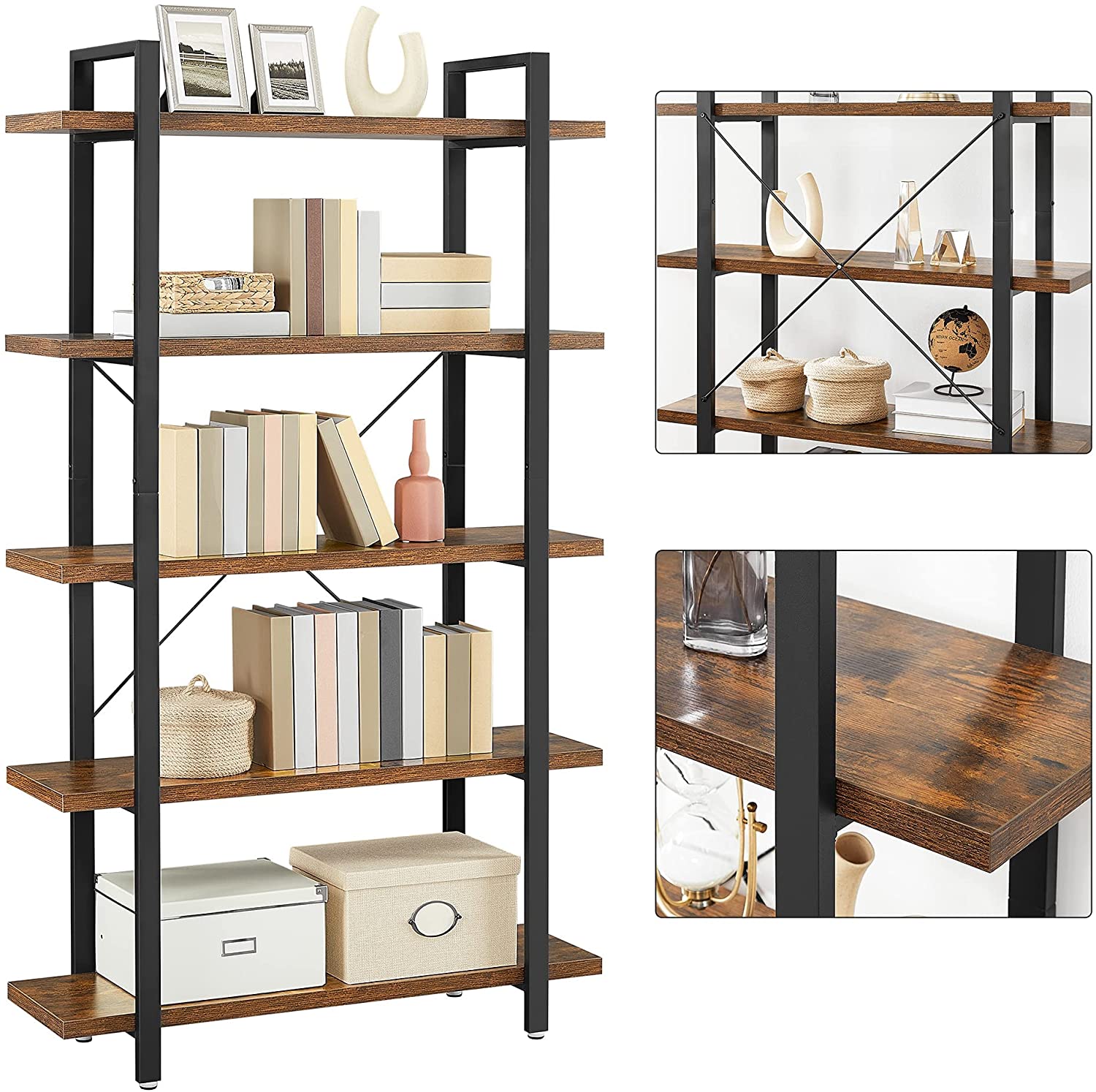 Bookshelf 5-Tier Industrial Stable Bookcase Rustic Brown and Black - image9