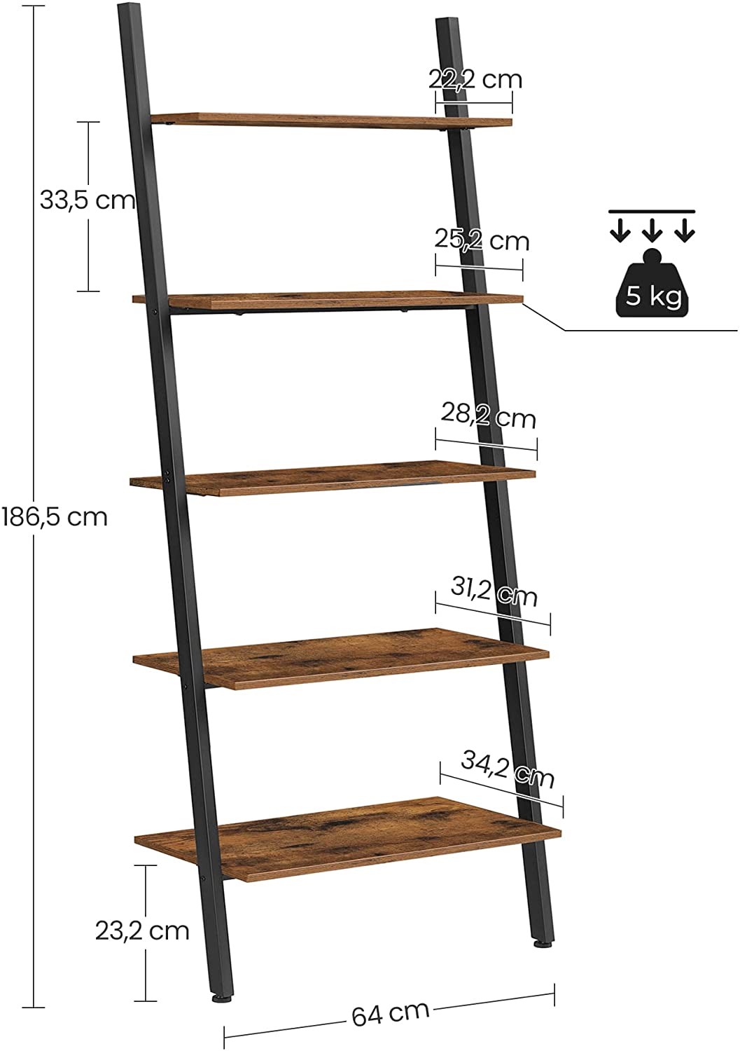 5-Tier Bookshelf Rack, Rustic Brown and Black - image3
