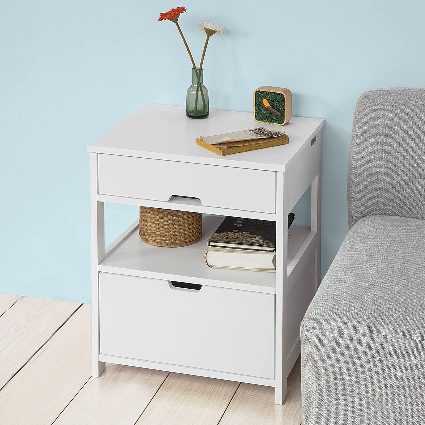 White Bedside Table with 2 Drawers - image2
