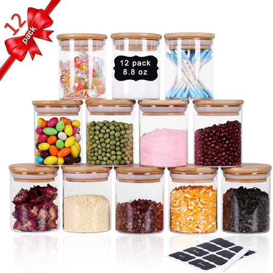 12 Pieces Glass Spice Jars for Kitchen Canisters with Airtight Bamboo Lids and Labels (250 ml) - image1