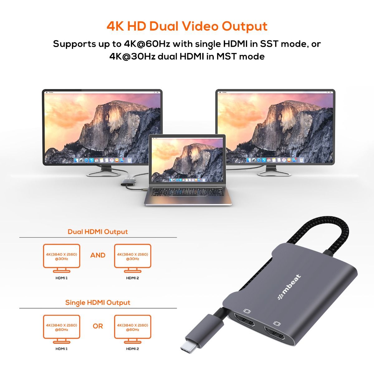 mbeat Tough Link USB-C to Dual 4K HDMI Adapter - Space Grey - image2