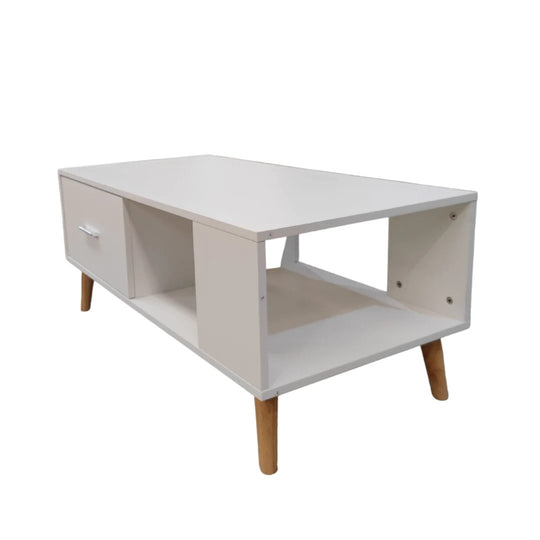 White Coffee Table Storage Drawer & Open Shelf With Wooden Legs - image3