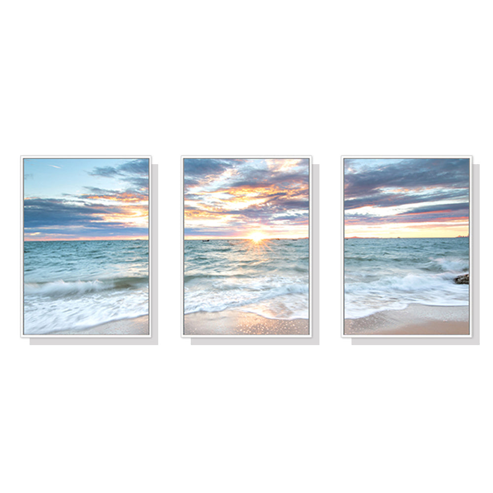 40cmx60cm Sunrise by the ocean 3 Sets White Frame Canvas Wall Art - image1