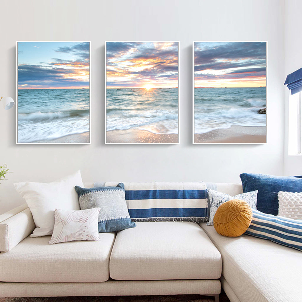 40cmx60cm Sunrise by the ocean 3 Sets White Frame Canvas Wall Art - image3