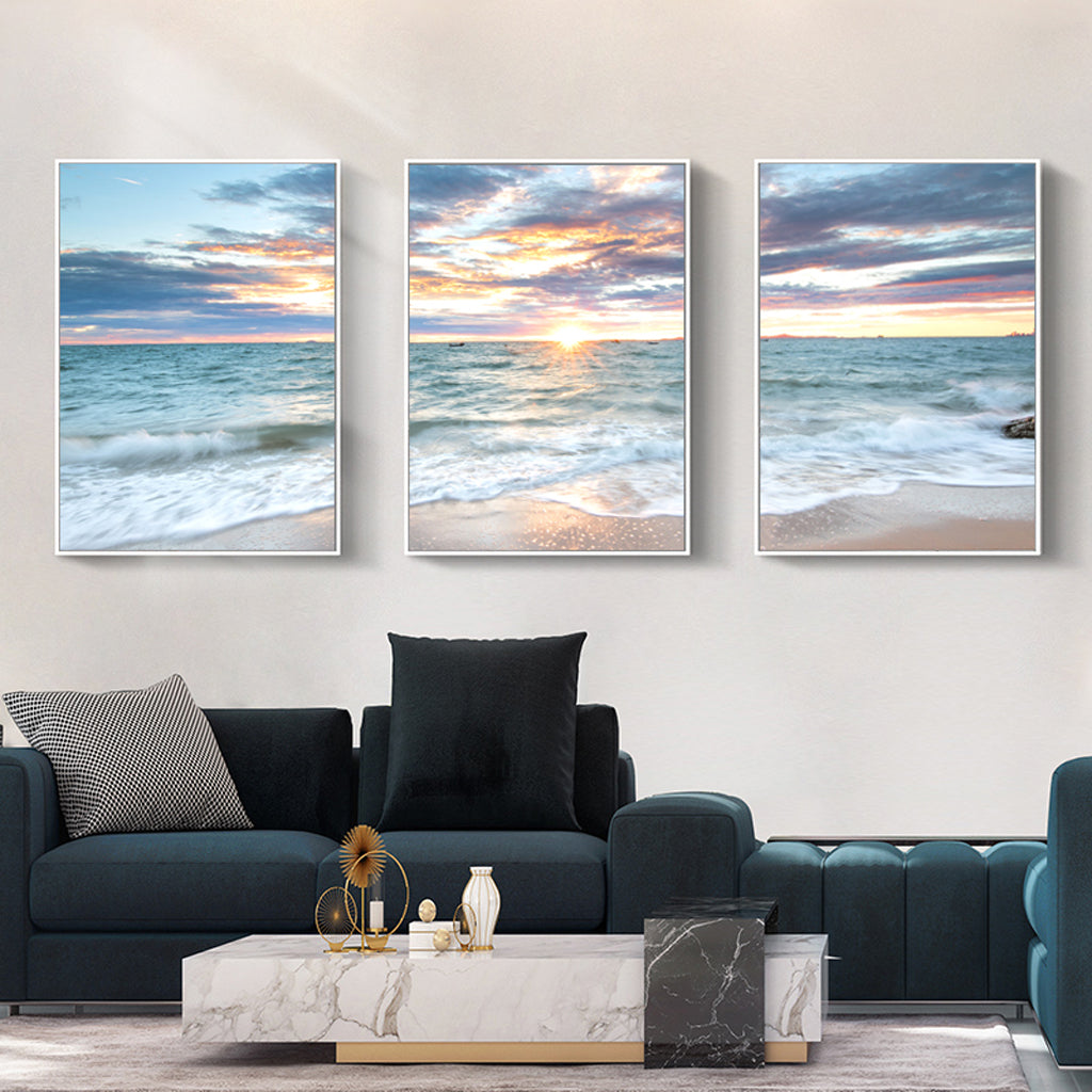 50cmx70cm Sunrise by the ocean 3 Sets White Frame Canvas Wall Art - image4