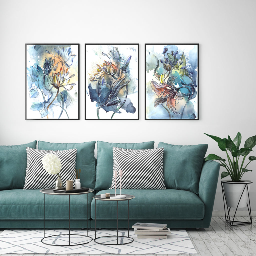 40cmx60cm Watercolor Style Abstract Flower 3 Sets Black Frame Canvas Wall Art - image2