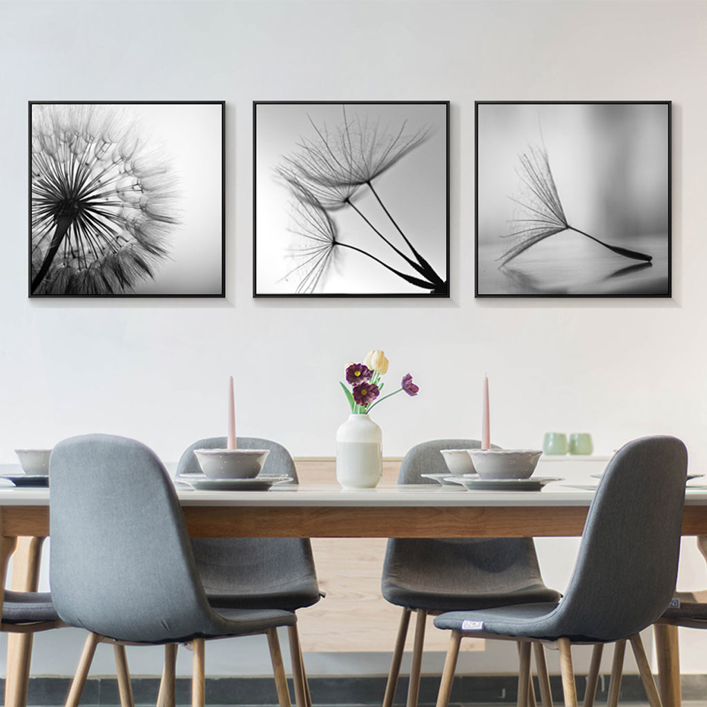 60cmx60cm Botanical dandelions 3 Sets Black Frame Canvas Wall Art - image3