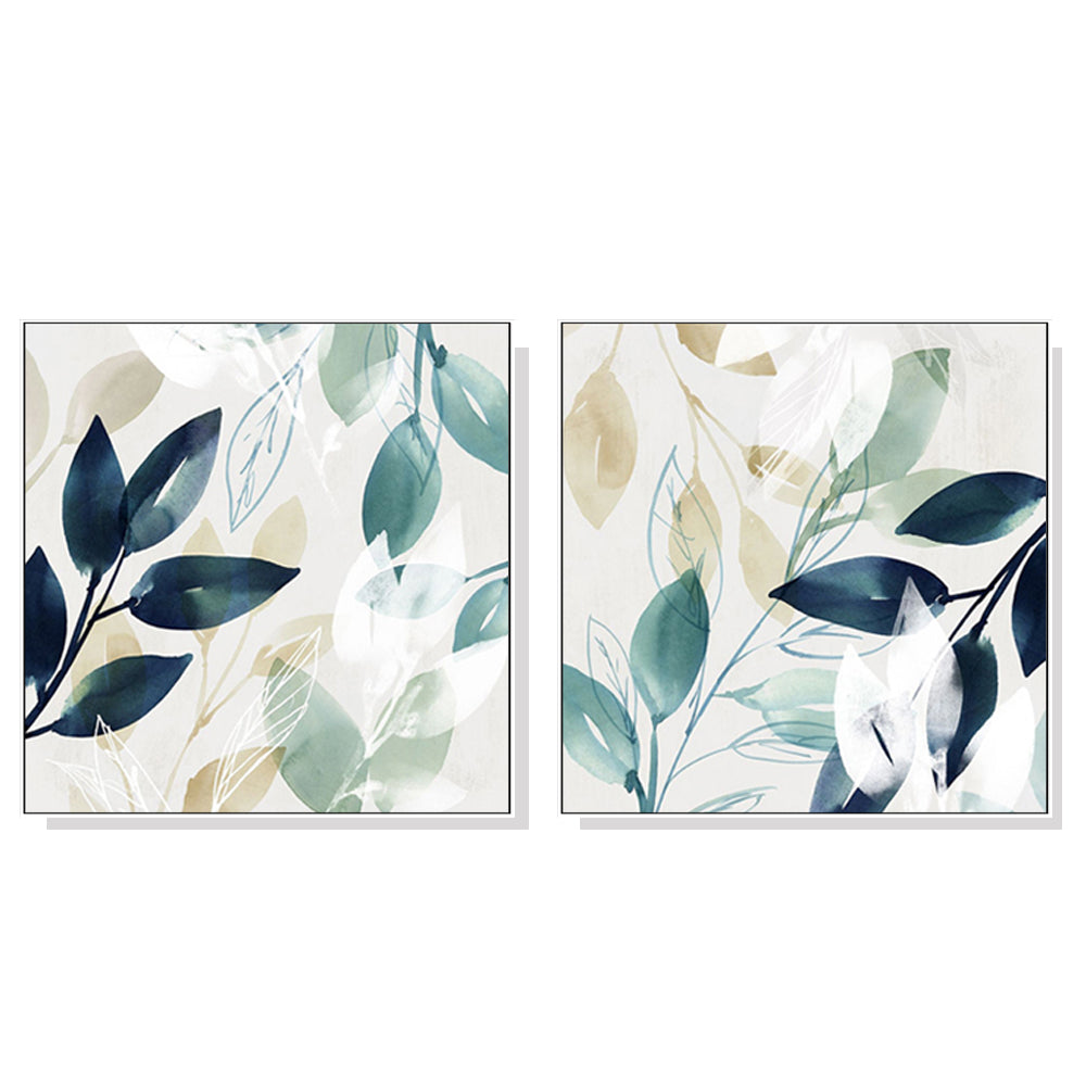 60cmx60cm Watercolour style leaves 2 Sets White Frame Canvas Wall Art - image1