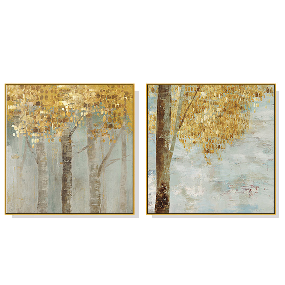 50cmx50cm Golden Leaves 2 Sets Gold Frame Canvas Wall Art - image1