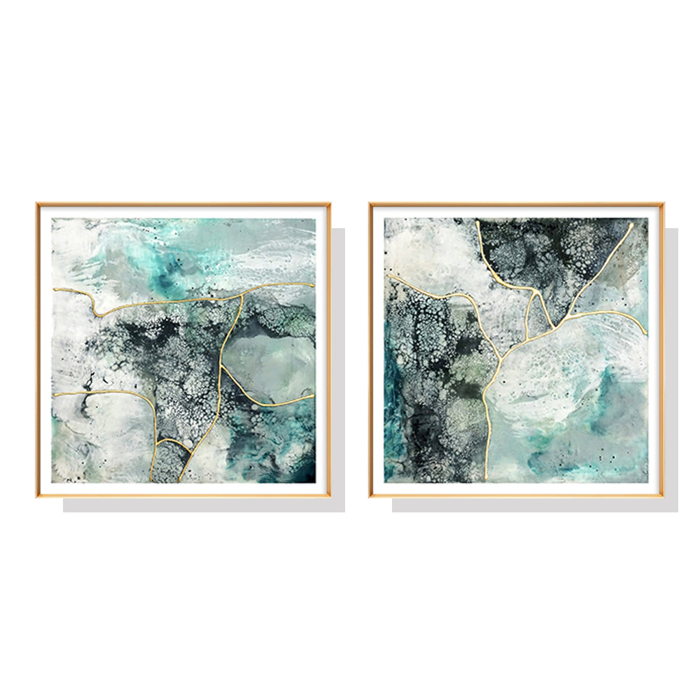 50cmx50cm Marbled Green 2 Sets Gold Frame Canvas Wall Art - image1