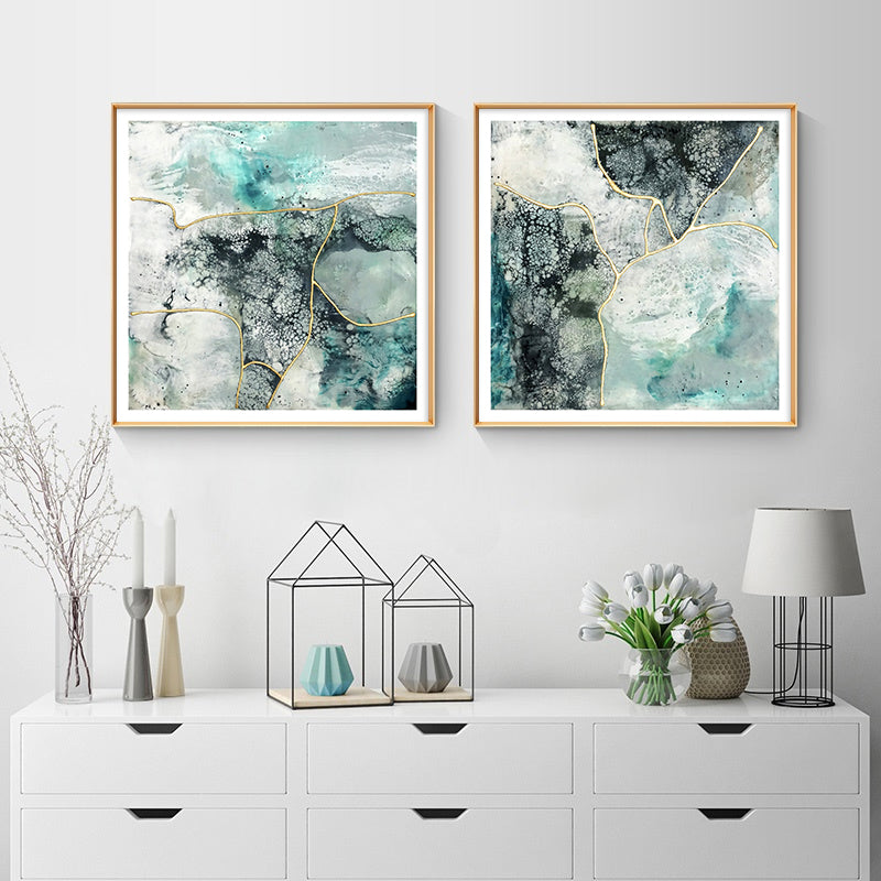 70cmx70cm Marbled Green 2 Sets Gold Frame Canvas Wall Art - image2