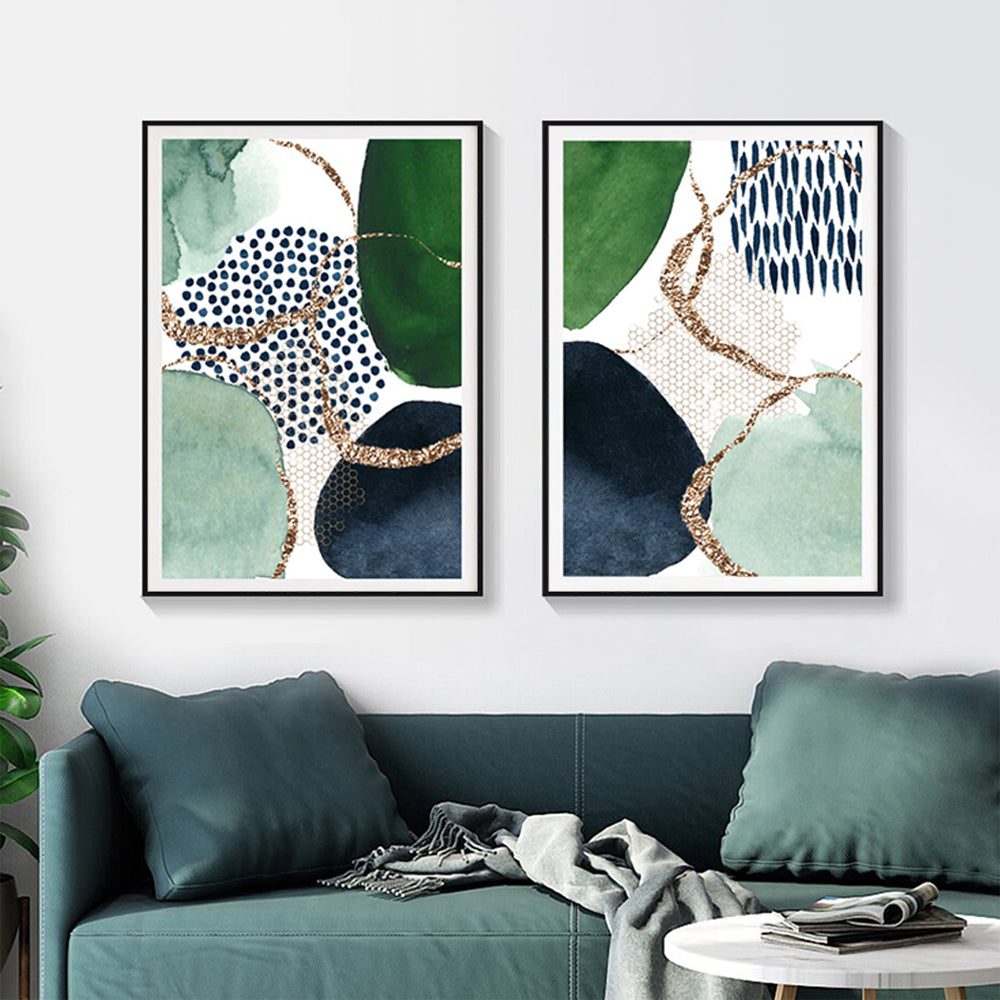 40cmx60cm Abstract Green and Navy 2 Sets Black Frame Canvas Wall Art - image2