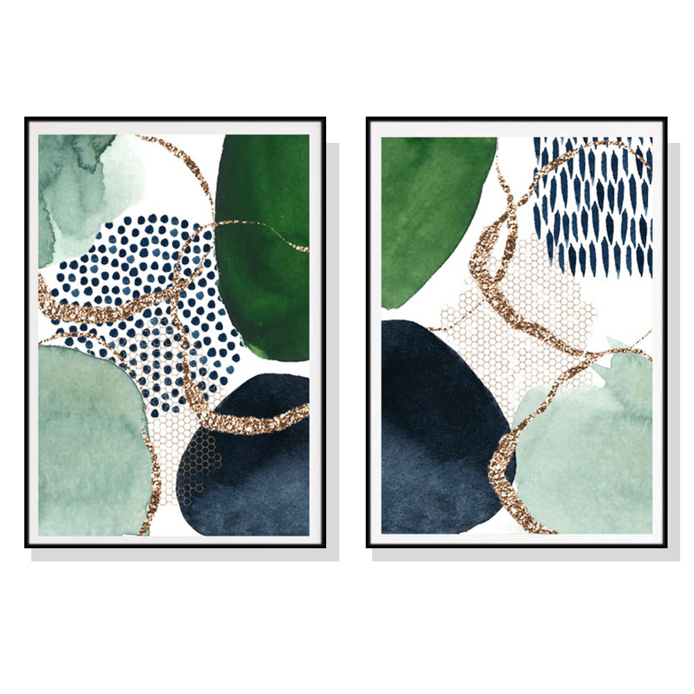 40cmx60cm Abstract Green and Navy 2 Sets Black Frame Canvas Wall Art - image1