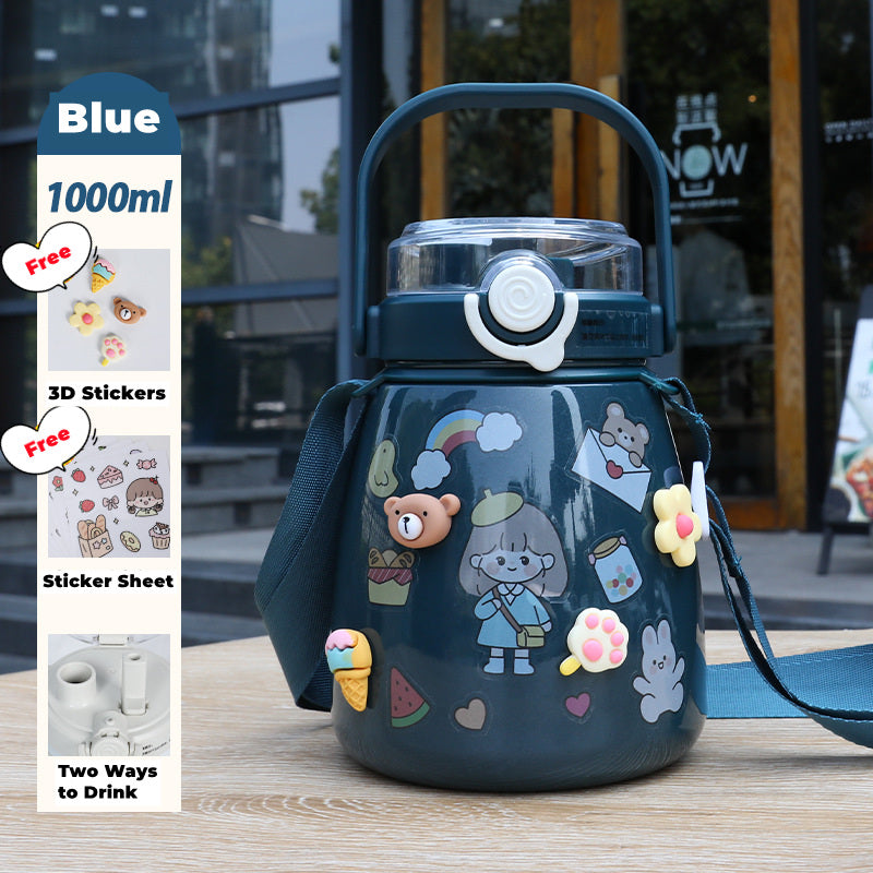 1000ml Large Water Bottle Stainless Steel Straw Water Jug with FREE Sticker Packs (Blue) - image1