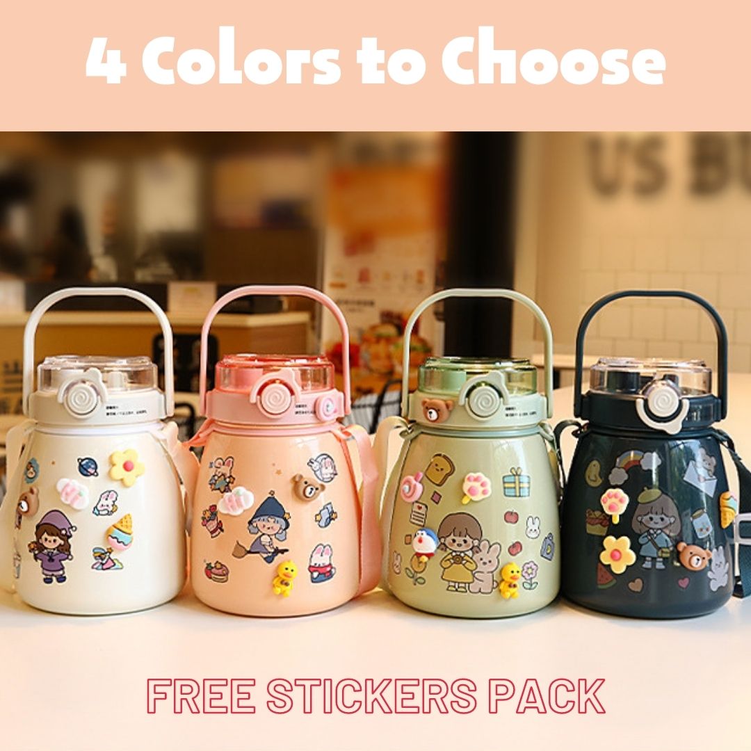 1000ml Large Water Bottle Stainless Steel Straw Water Jug with FREE Sticker Packs (Pink) - image2