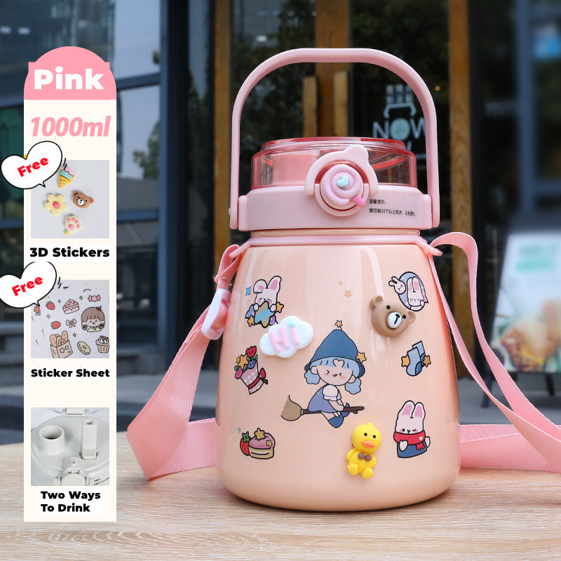 1000ml Large Water Bottle Stainless Steel Straw Water Jug with FREE Sticker Packs (Pink) - image1