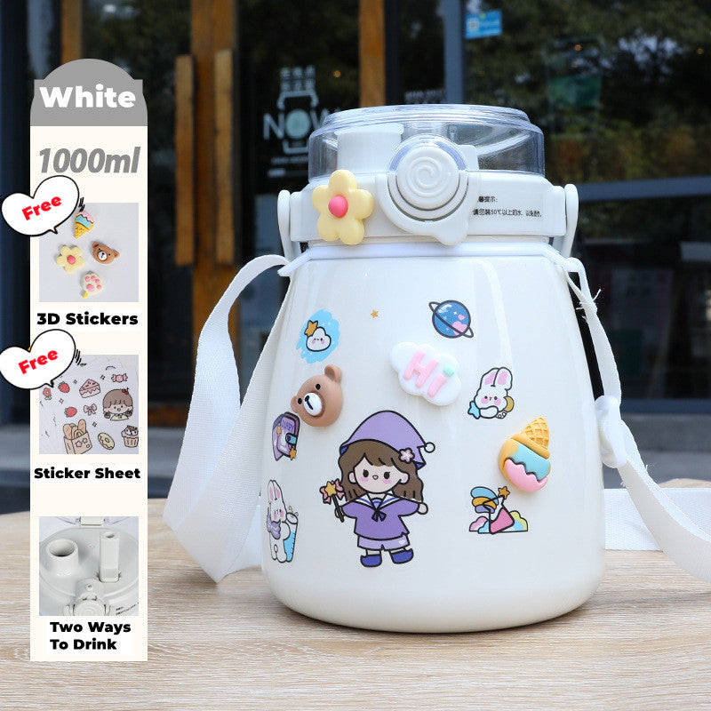 1000ml Large Water Bottle Stainless Steel Straw Water Jug with FREE Sticker Packs (White) - image1