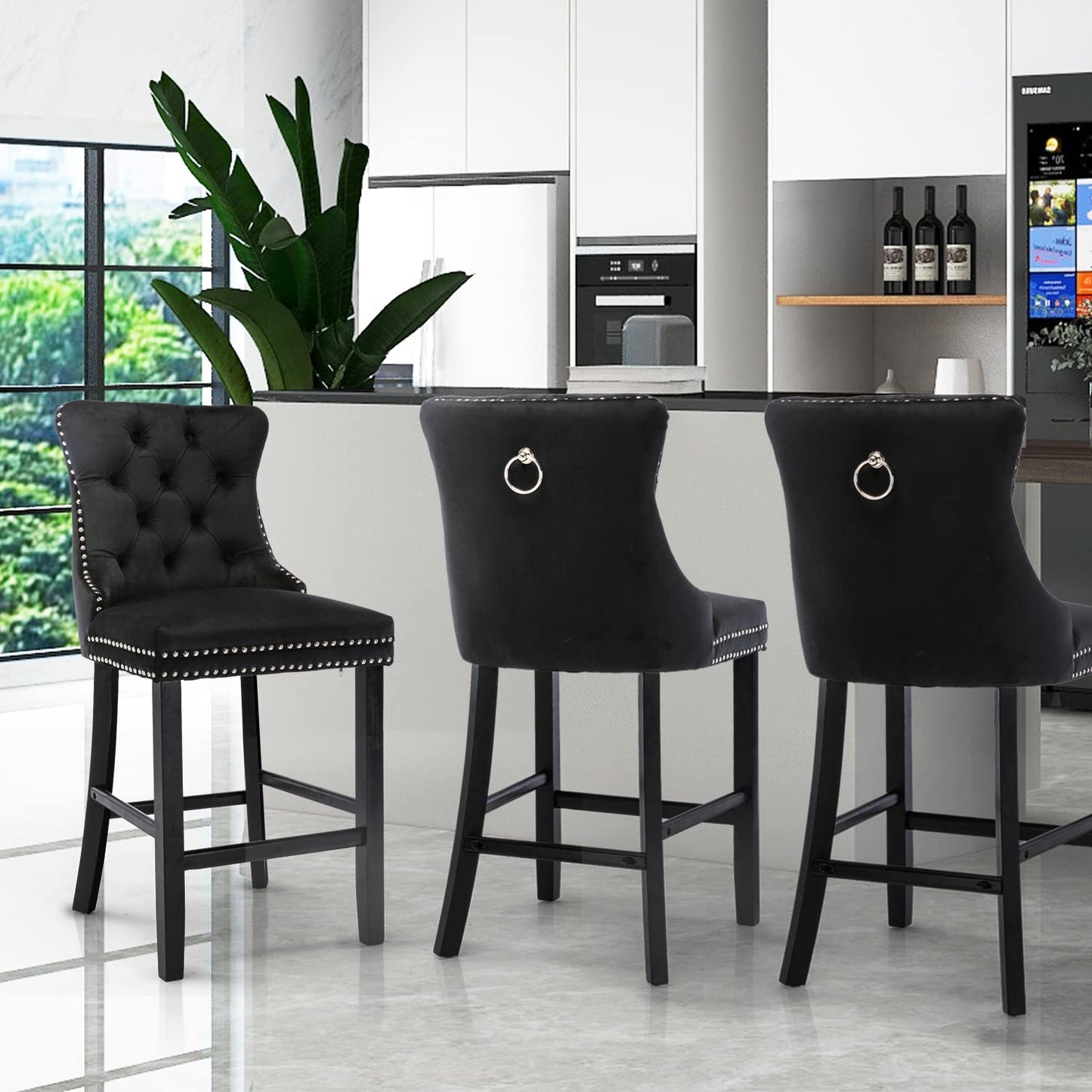 2X Velvet Bar Stools with Studs Trim Wooden Legs Tufted Dining Chairs Kitchen - image10