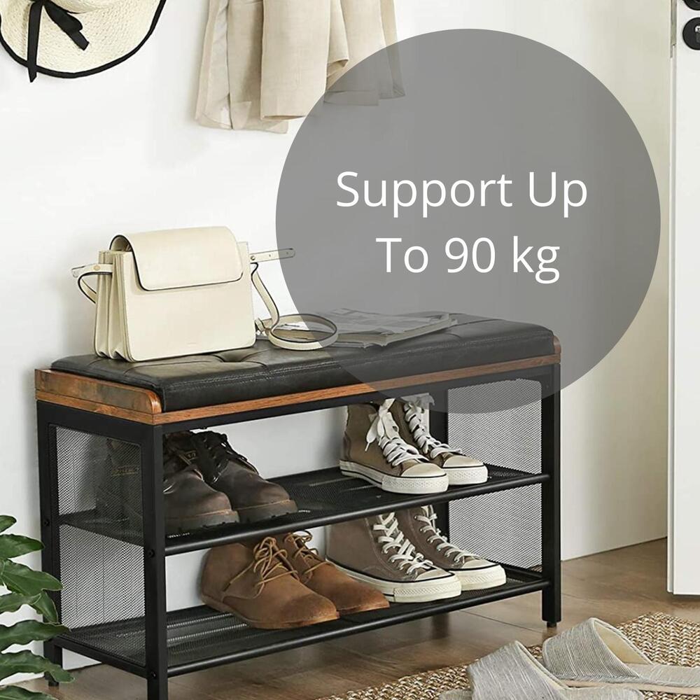 VASAGLE Shoe Bench Padded Bench with Mesh Shelf Shoe Rack Brown Black LBS75X - image2