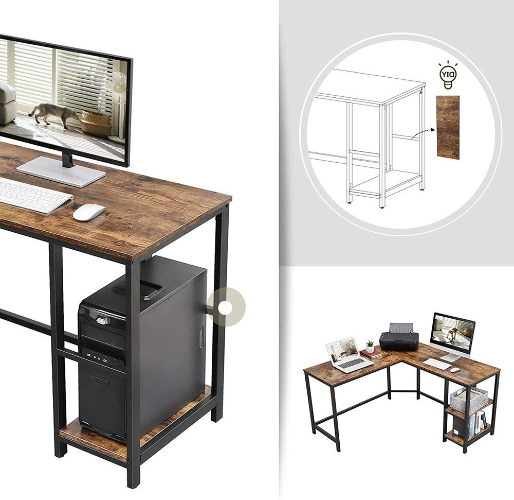 VASAGLE L-Shaped Computer Desk Rustic Brown and Black LWD72X - image2