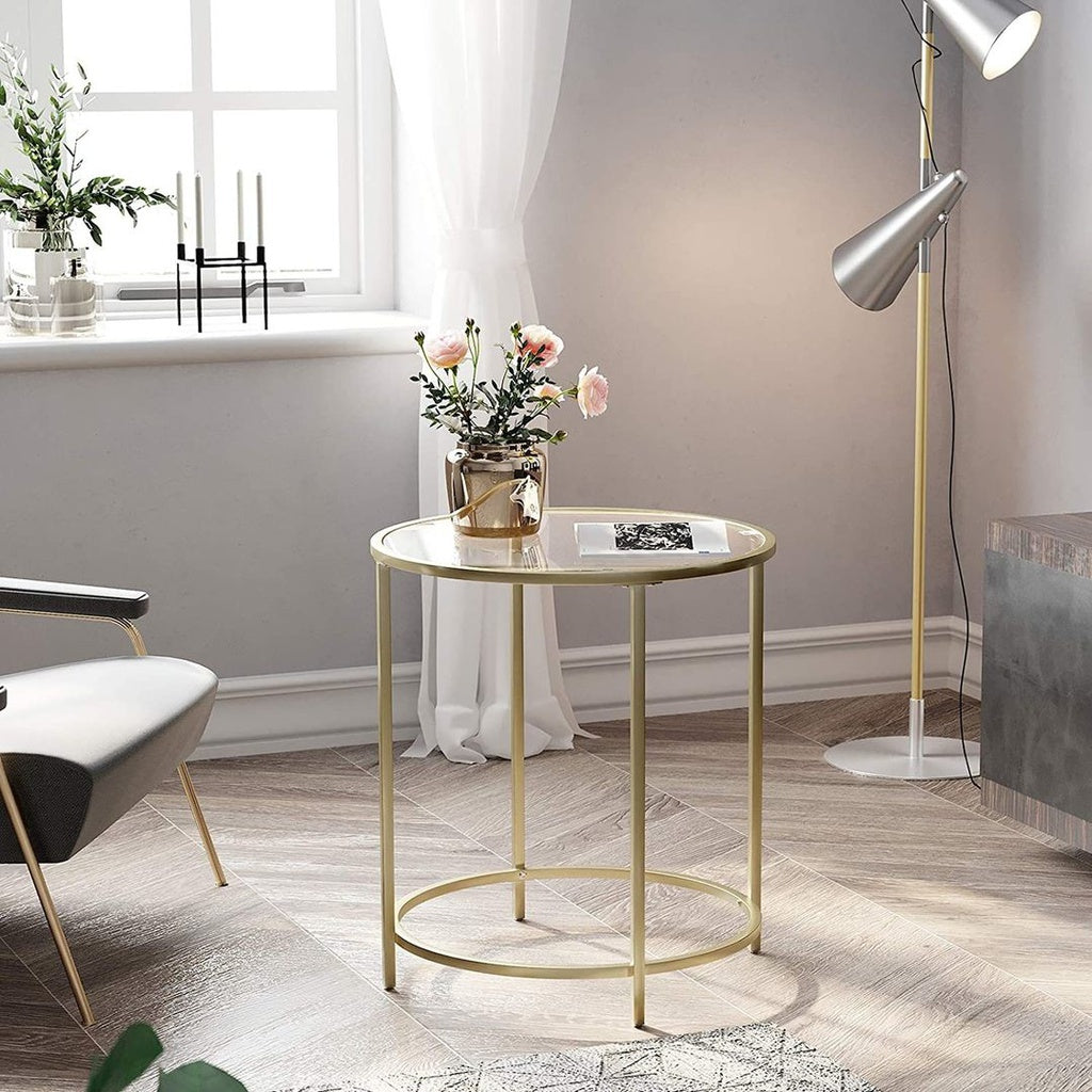 VASAGLE Round Side Table Tempered Glass End Table With Golden Metal Frame Small Coffee Table Gold LGT20G - image3