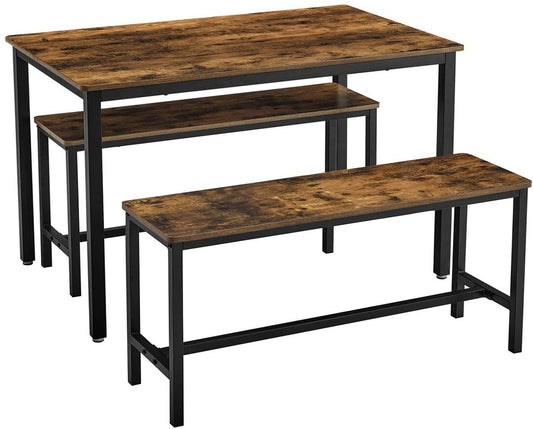 VASAGLE Dining Table Set with 2 Benches Rustic Brown and Black KDT070B01 - image1
