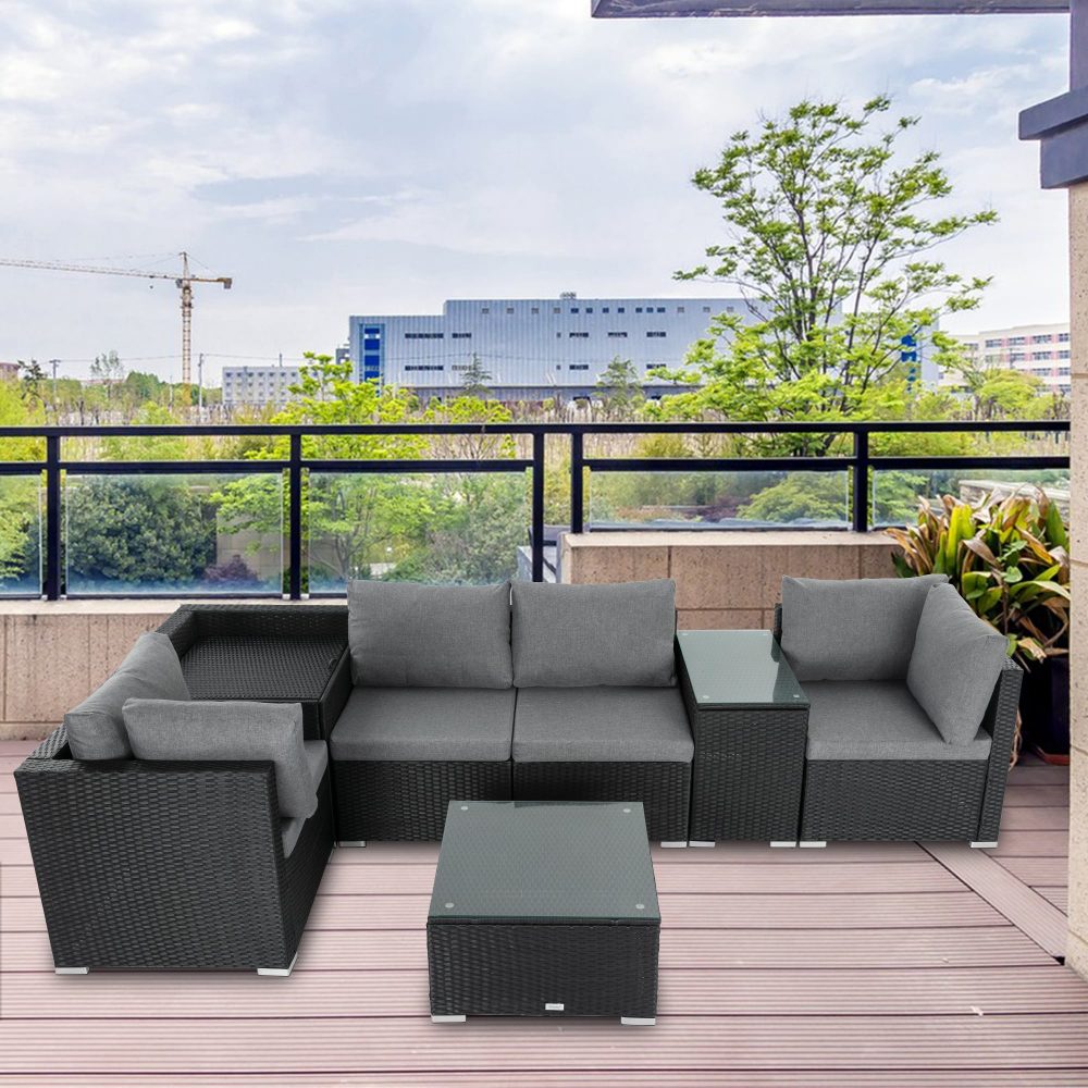 7PC Outdoor Wicker Lounge Set with Storage Corner Black - image2