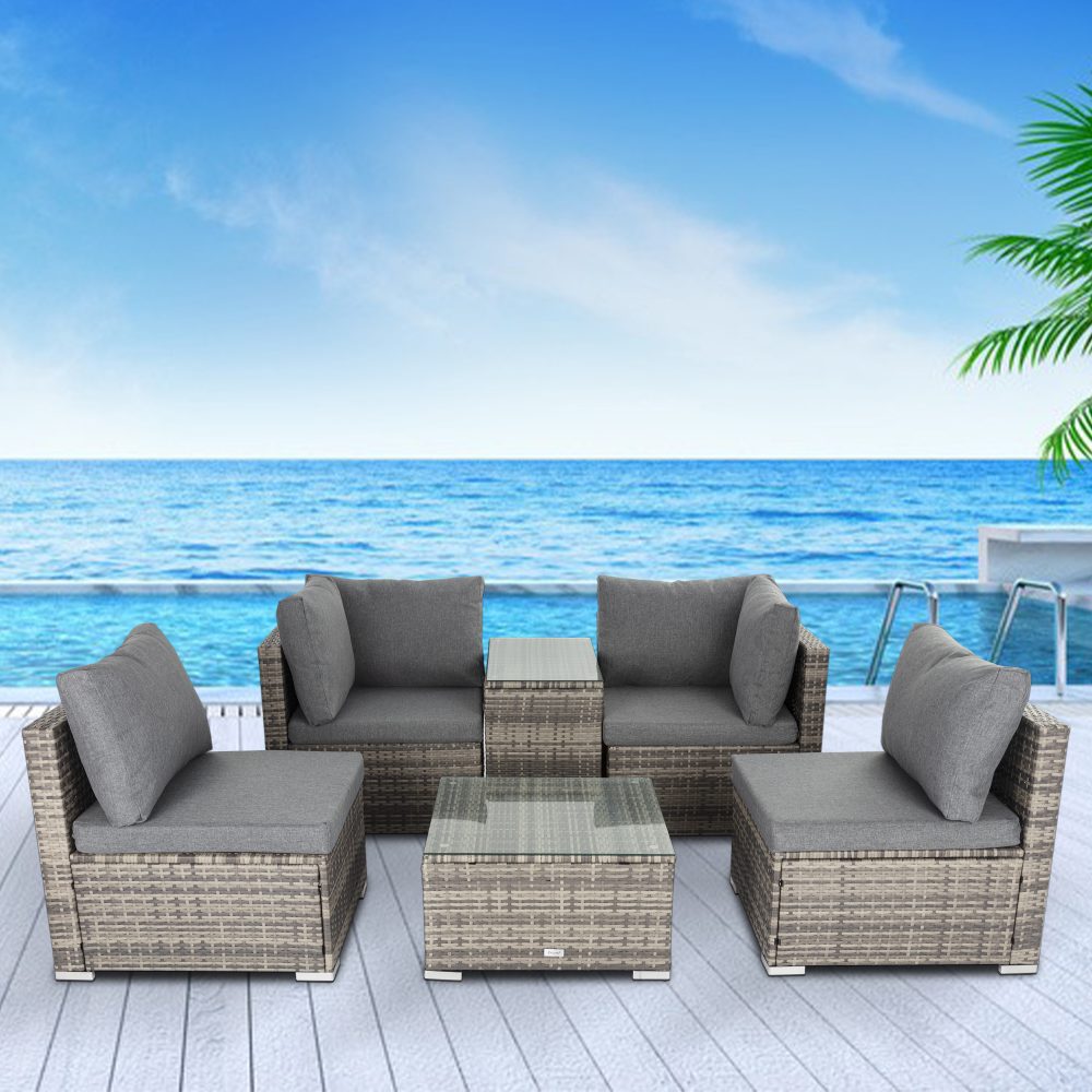 Outdoor Modular Lounge Sofa with Wicker End Table Set - image2