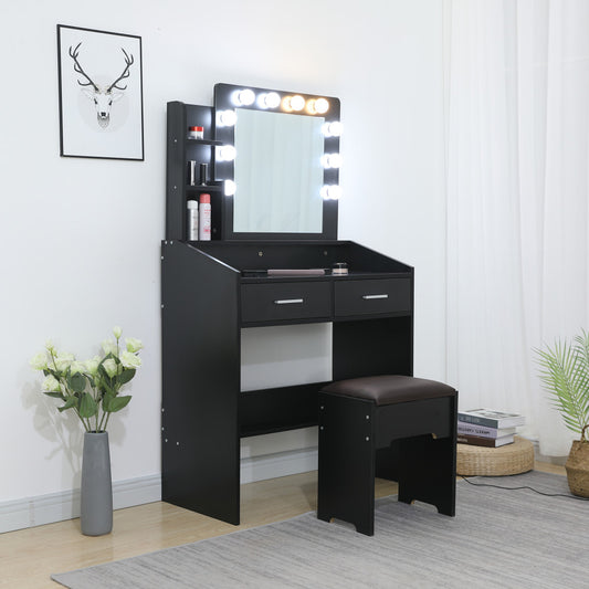 Diana Vanity Set with Shelves Cushioned Stool and Lighted Mirror- Black - image1