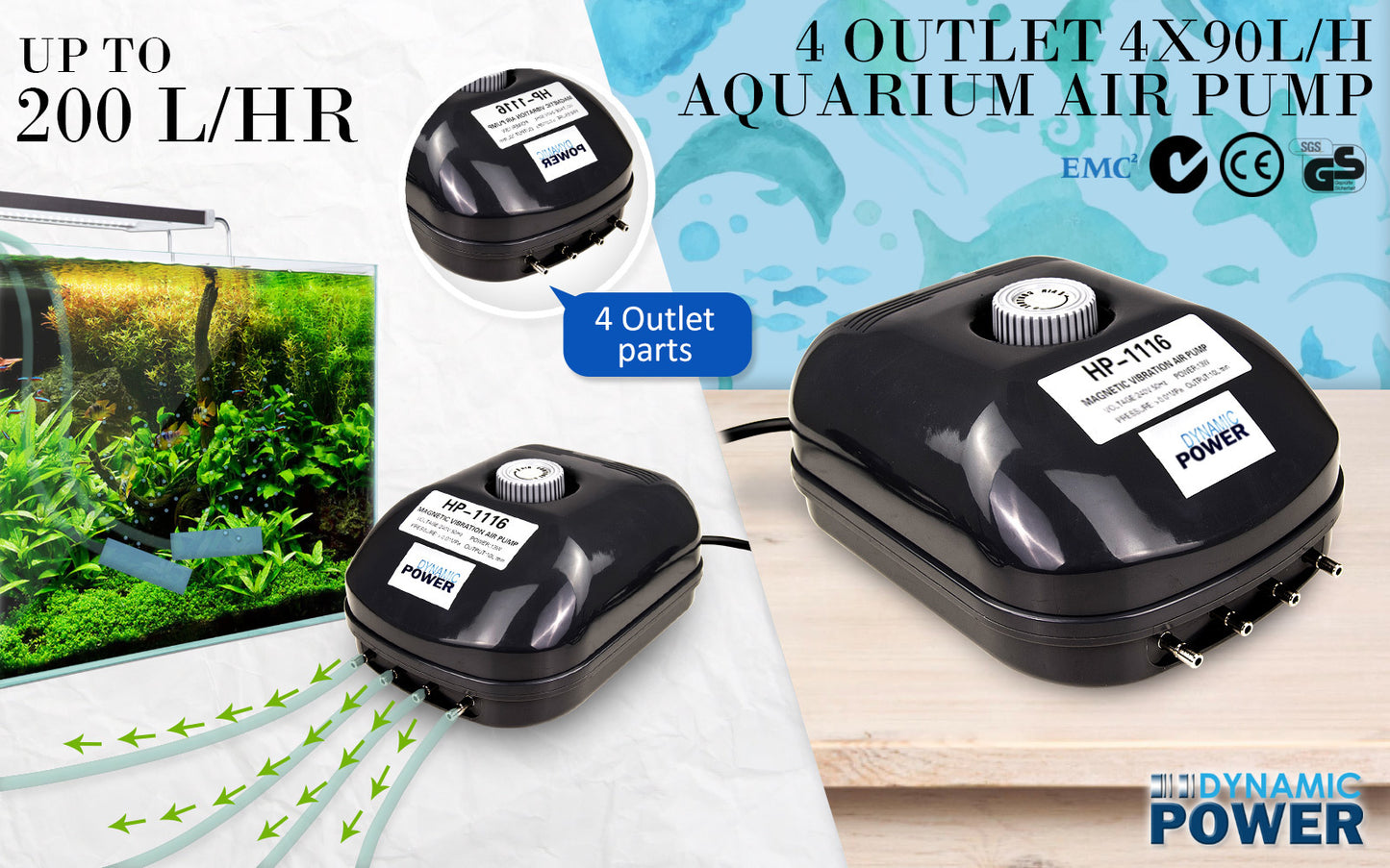 Aquarium Air Pump Oxygen Hydroponic 4 Outlet 360L/H 13W - image2