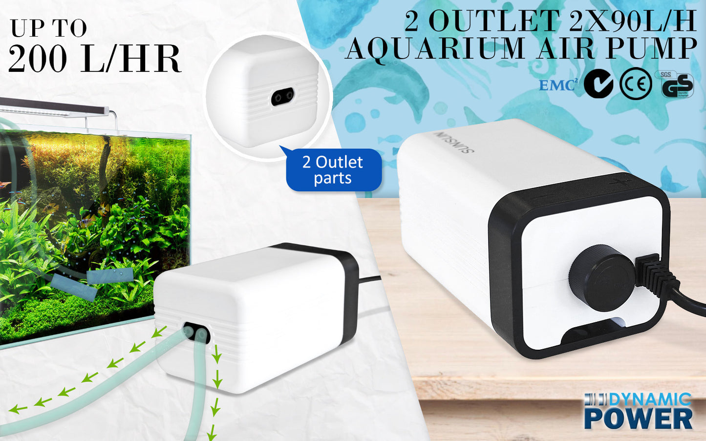 Aquarium Air Pump Oxygen Hydroponic 2 Outlet 180L/H 4W - image2