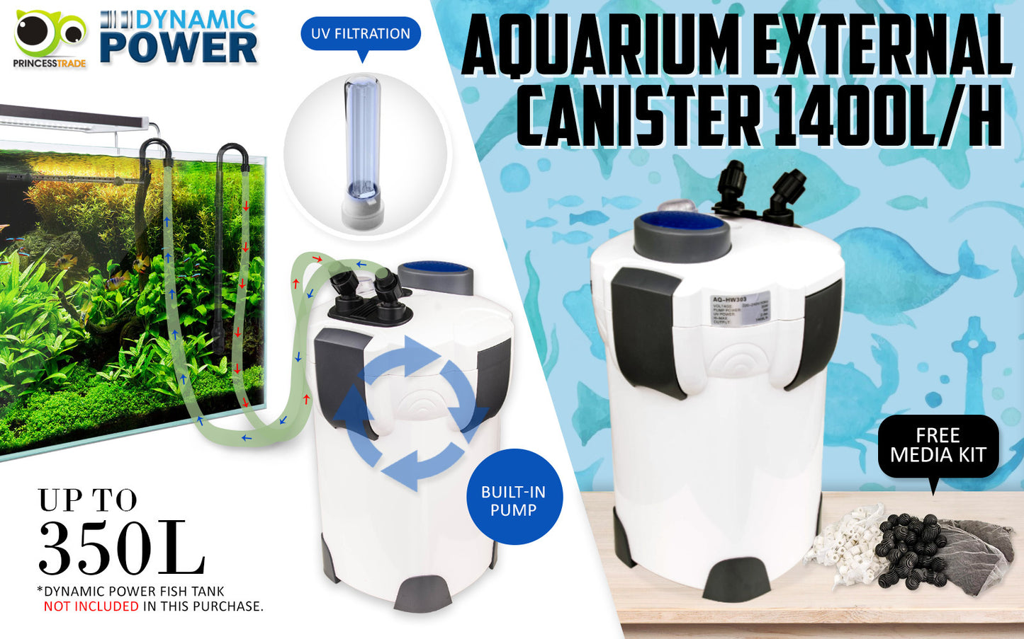 Dynamic Power Aquarium UV Light External Canister Filter 1400L/H + Media Kit - image2