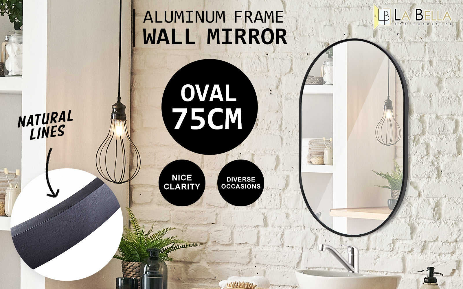 Black Wall Mirror Oval Aluminum Frame Makeup Decor Bathroom Vanity 50 x 75cm - image2