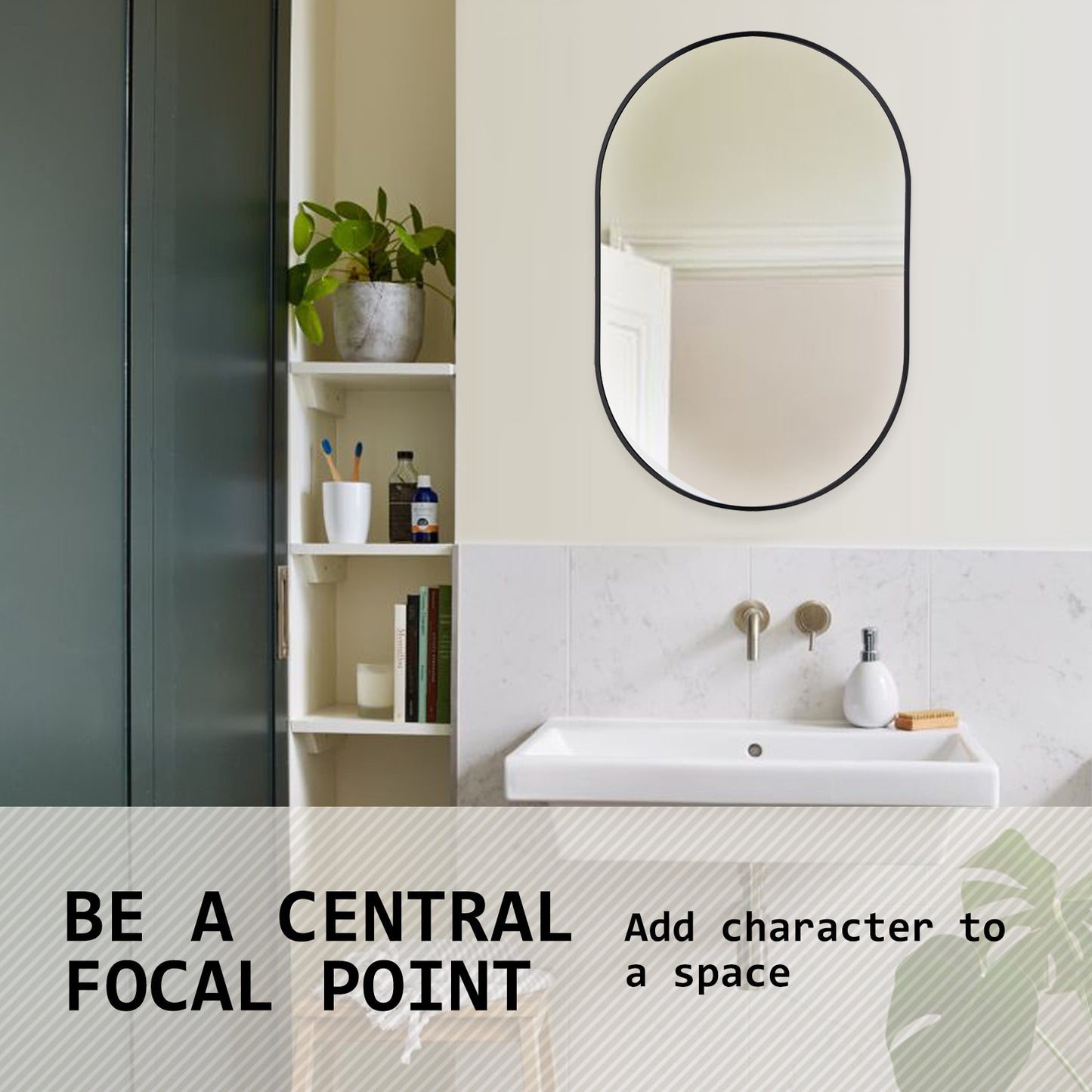 Black Wall Mirror Oval Aluminum Frame Makeup Decor Bathroom Vanity 50 x 75cm - image7