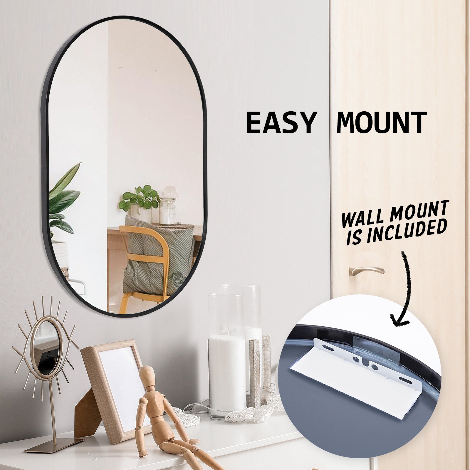 Black Wall Mirror Oval Aluminum Frame Makeup Decor Bathroom Vanity 50 x 75cm - image11