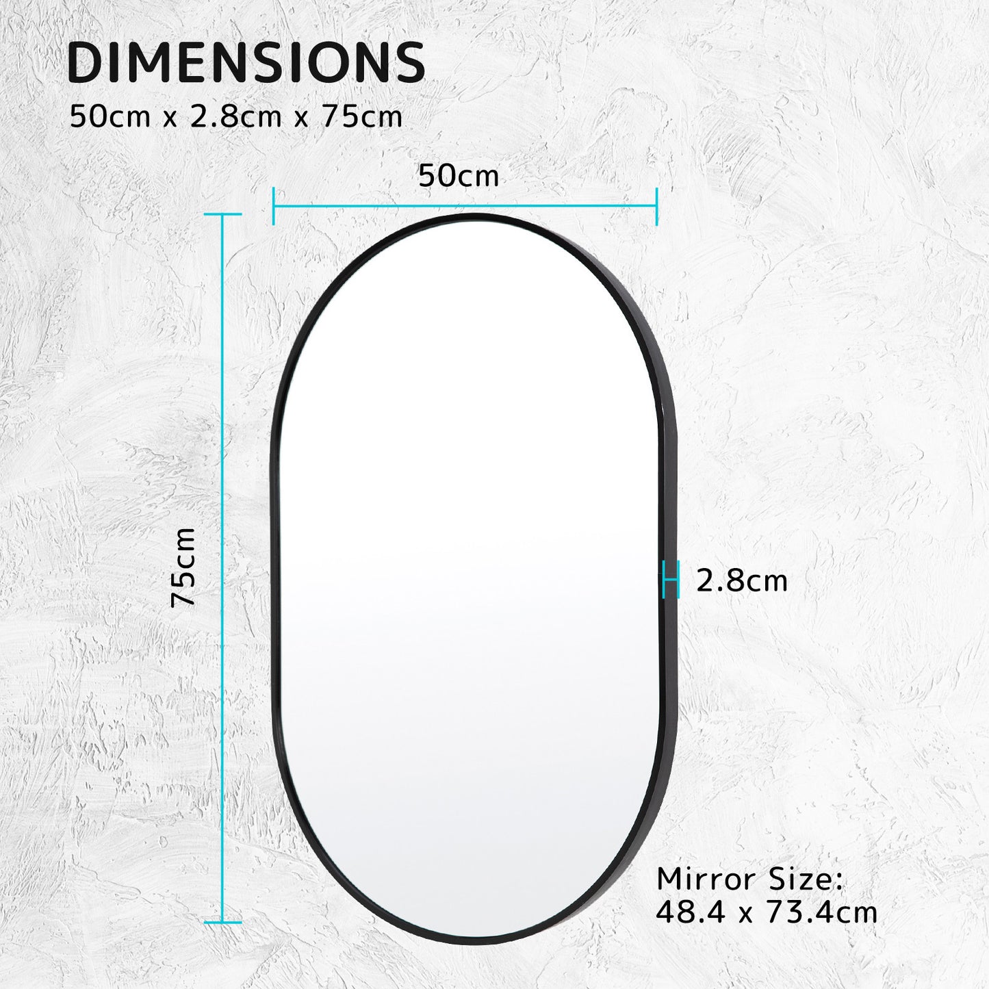 Black Wall Mirror Oval Aluminum Frame Makeup Decor Bathroom Vanity 50 x 75cm - image12
