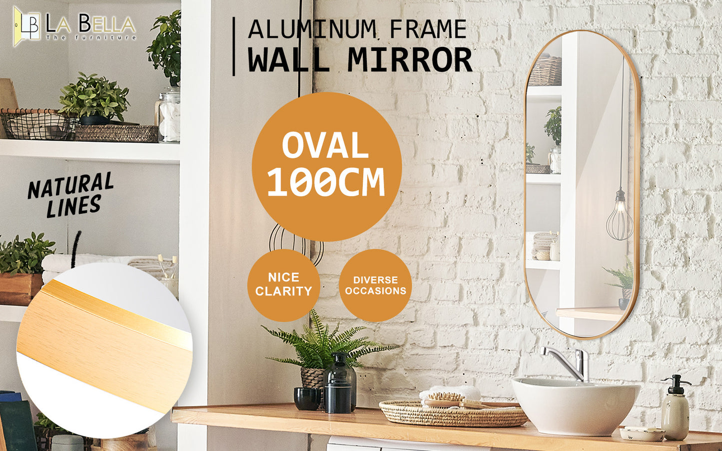Gold Wall Mirror Oval Aluminum Frame Makeup Decor Bathroom Vanity 45 x 100cm - image2