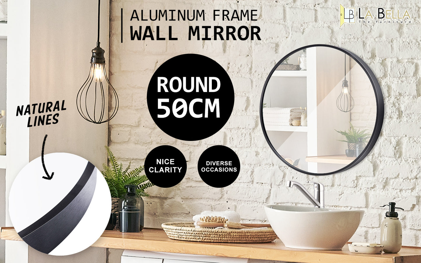 Black Wall Mirror Round Aluminum Frame Makeup Decor Bathroom Vanity 50cm - image2