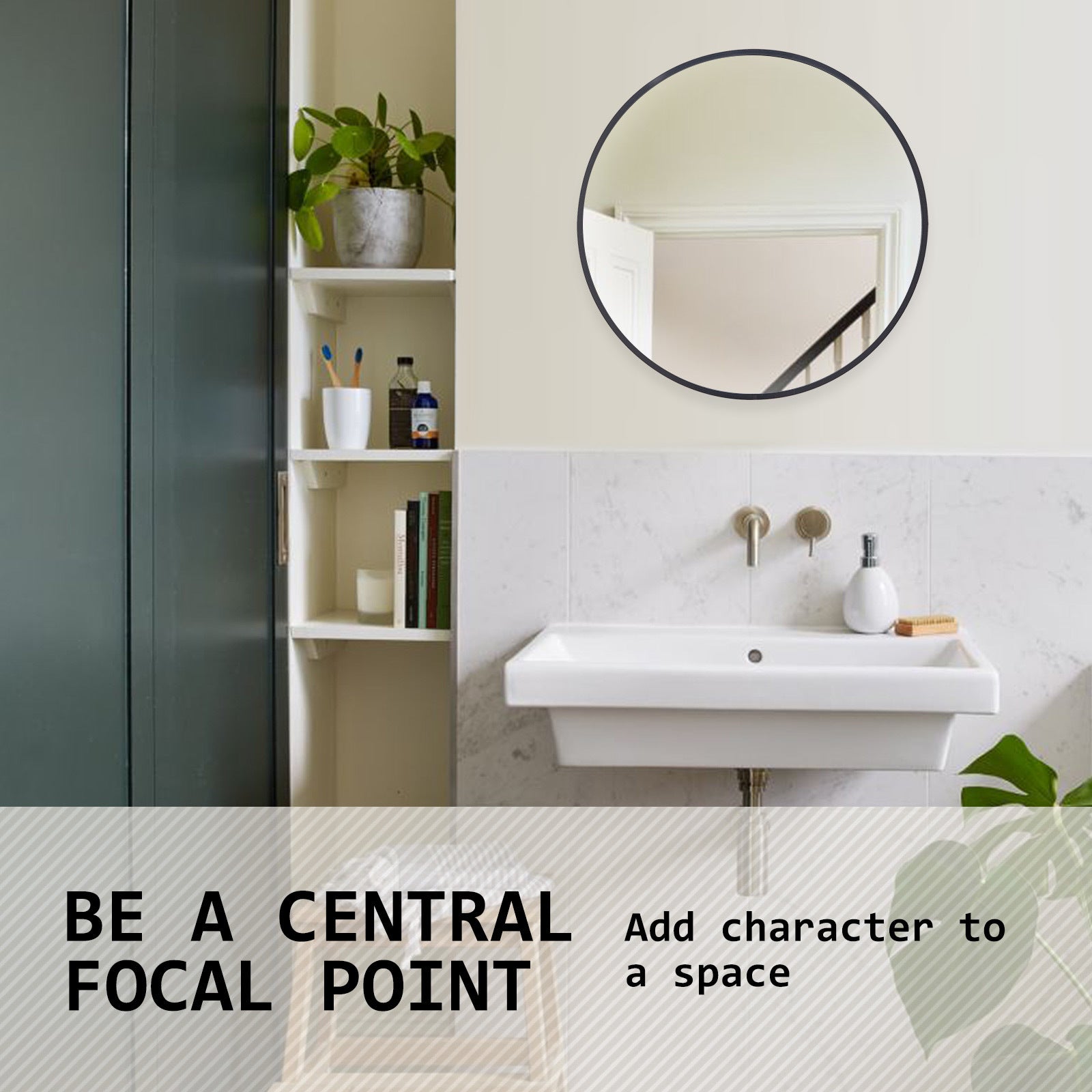Black Wall Mirror Round Aluminum Frame Makeup Decor Bathroom Vanity 50cm - image7