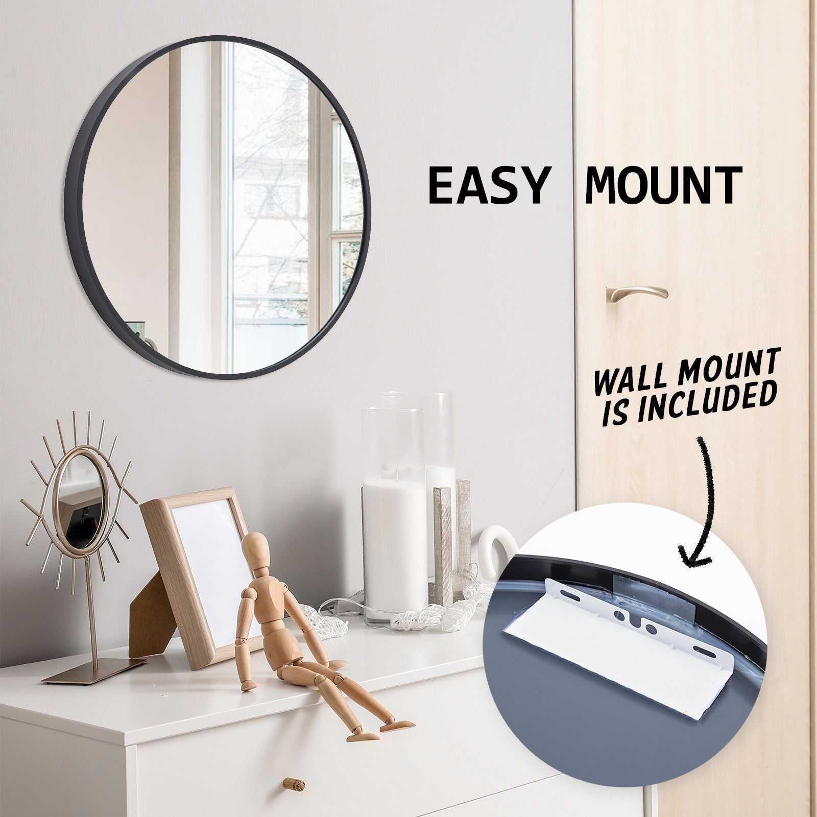 Black Wall Mirror Round Aluminum Frame Makeup Decor Bathroom Vanity 50cm - image11