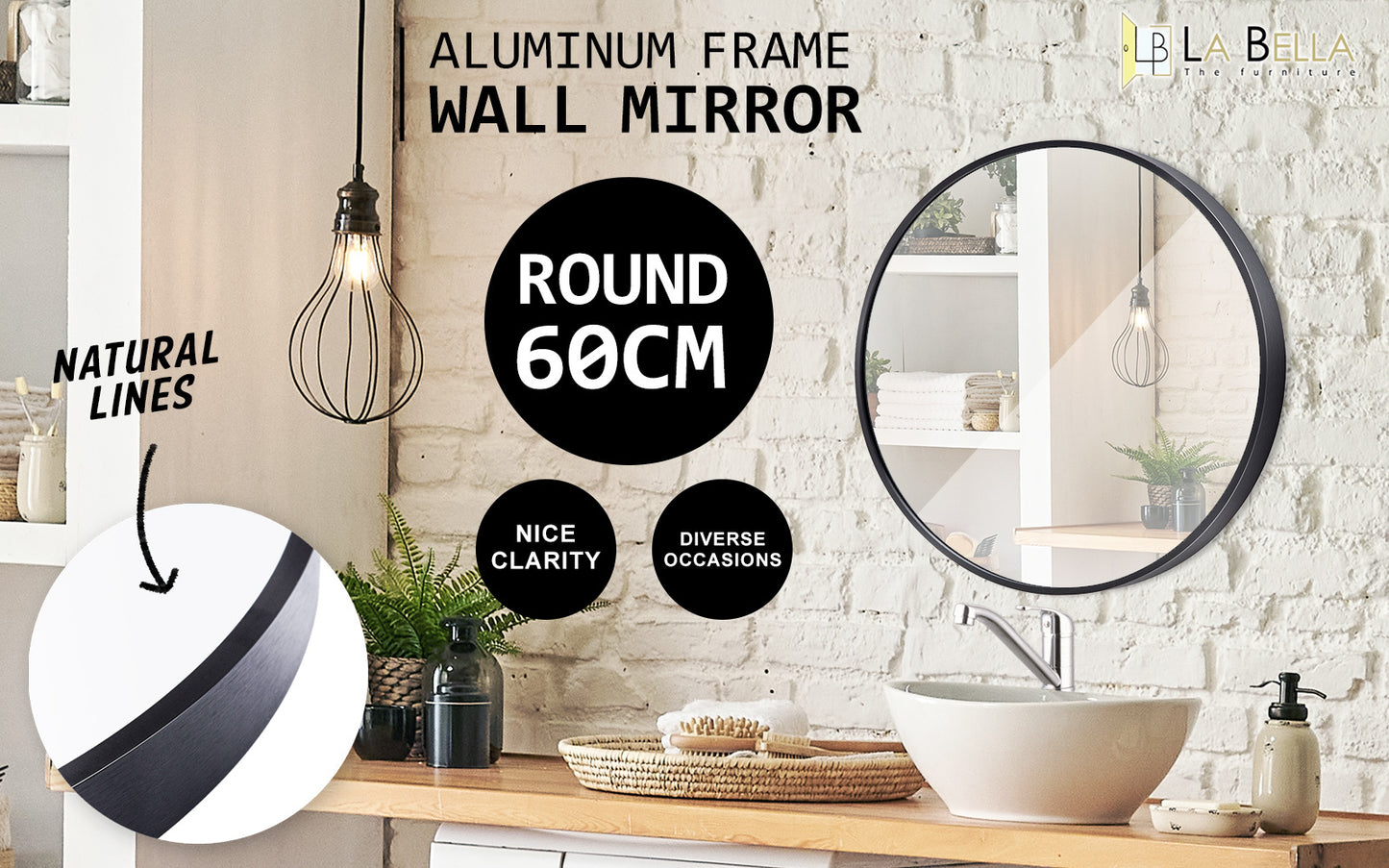 Black Wall Mirror Round Aluminum Frame Makeup Decor Bathroom Vanity 60cm - image2
