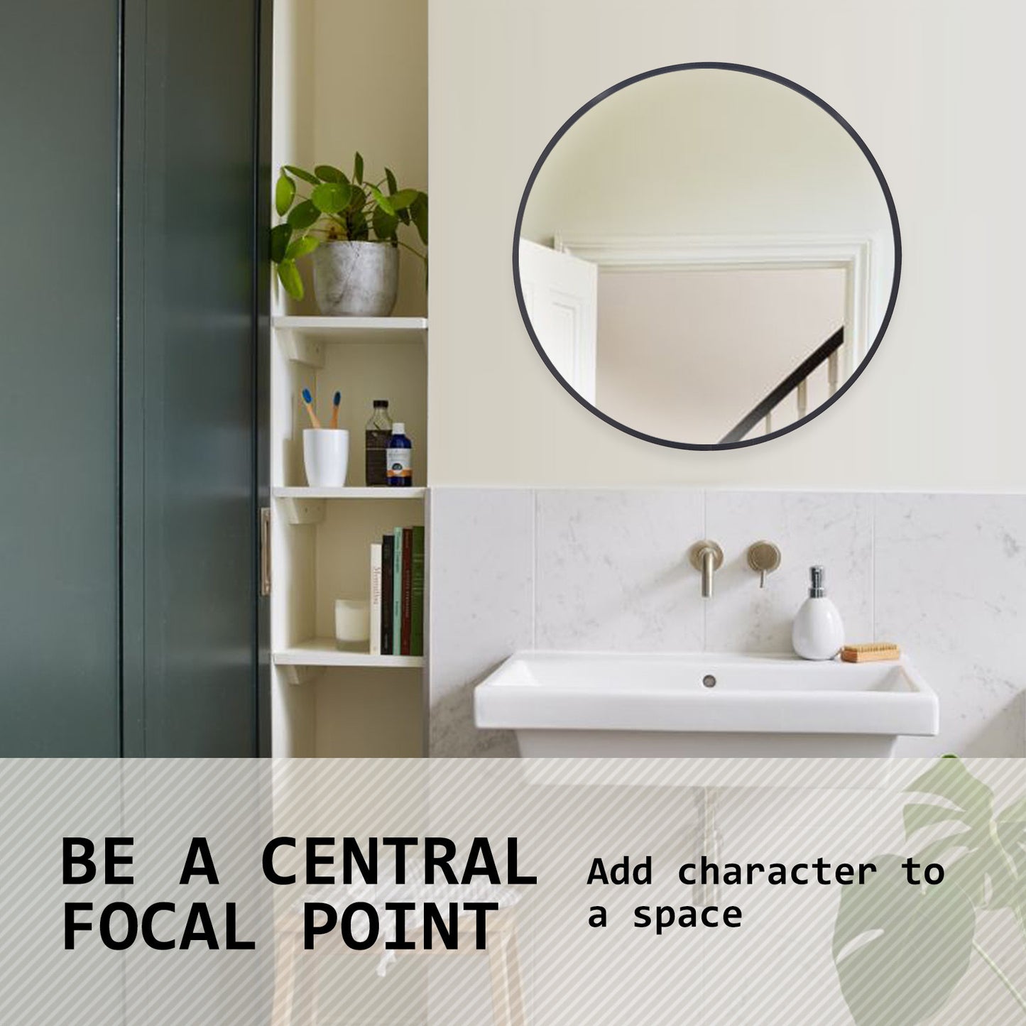 Black Wall Mirror Round Aluminum Frame Makeup Decor Bathroom Vanity 60cm - image7