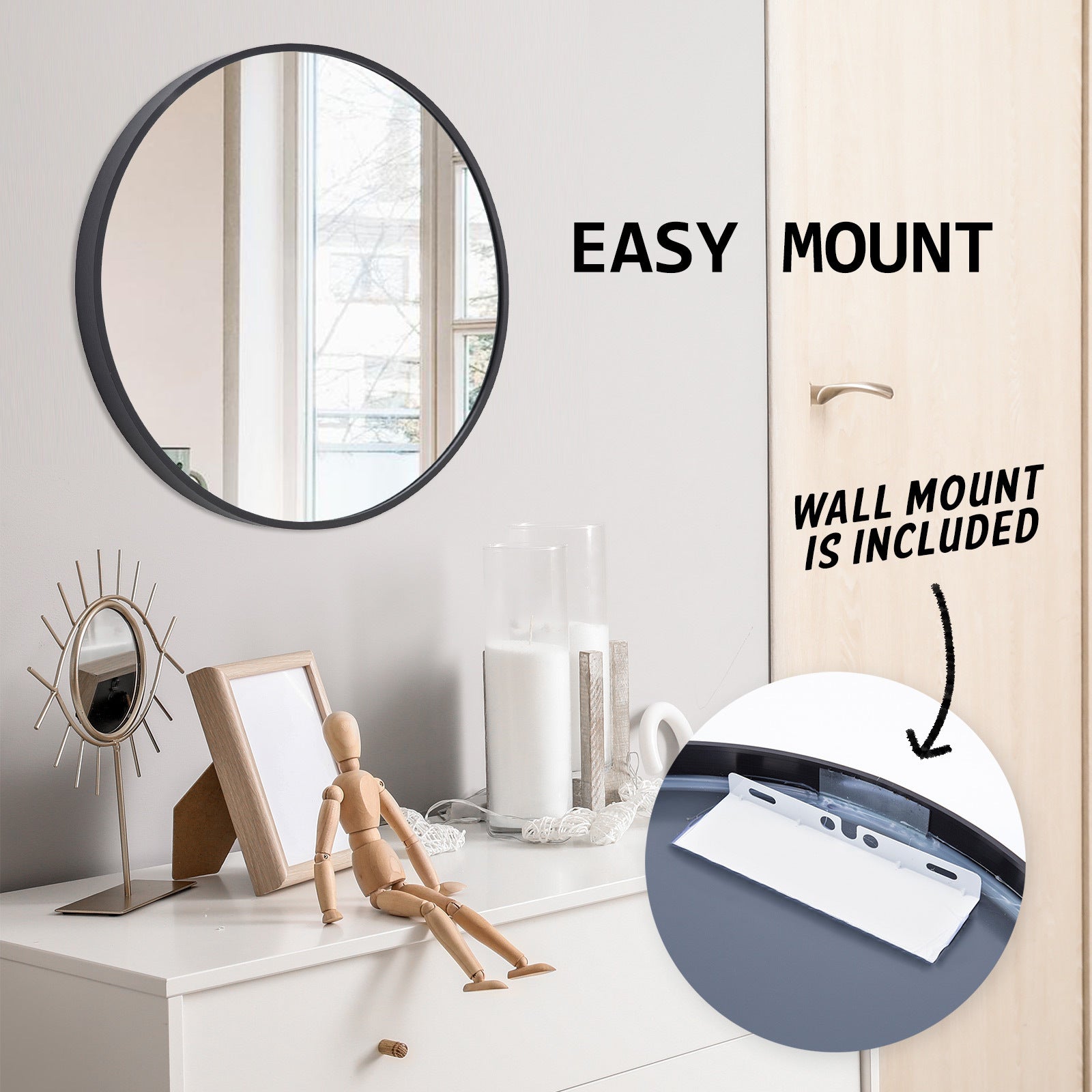 Black Wall Mirror Round Aluminum Frame Makeup Decor Bathroom Vanity 60cm - image11