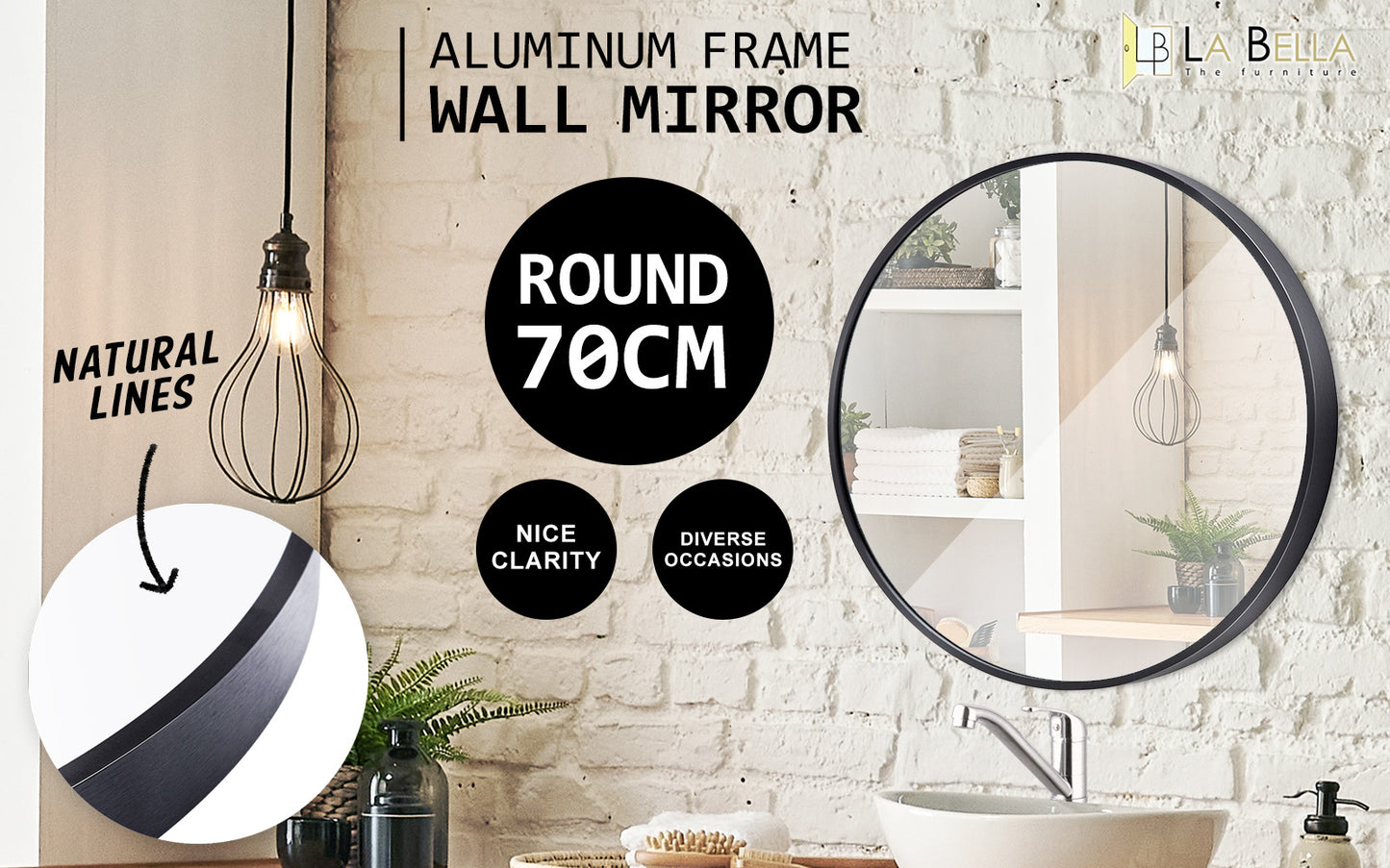 Black Wall Mirror Round Aluminum Frame Makeup Decor Bathroom Vanity 70cm - image2